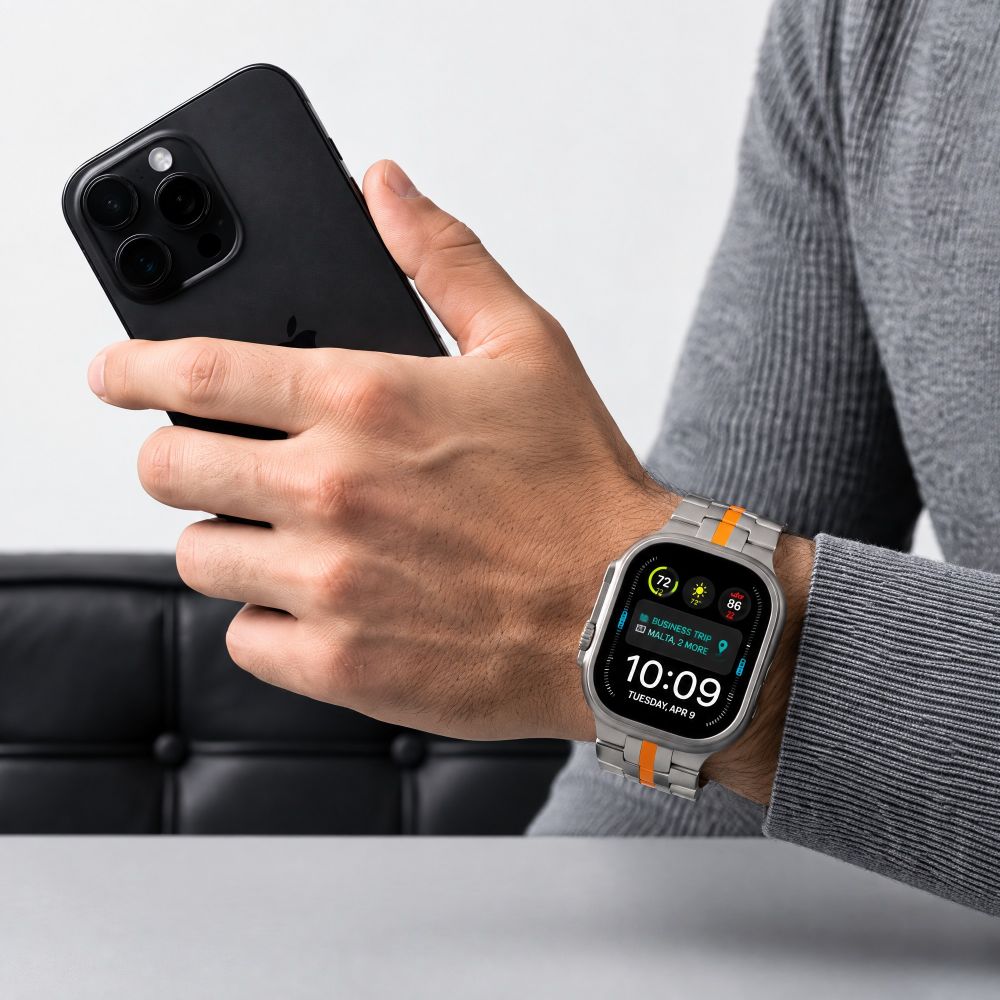 Dirželis Tech-Protect Stainless Apple Watch 8 / 9 / 10 / 11 / 12 / SE / Ultra (44 / 45 / 46 / 49 mm), Titanium / Orange...