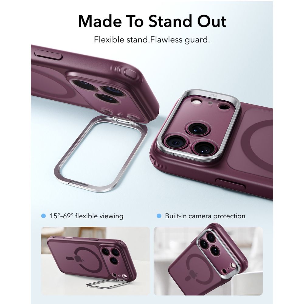 Dėklas ESR Classic Hybrid Kickstand MagSafe iPhone 17 Pro / 18 Pro, matinis tamsiai bordo -- iPhone 17 Pro, iPhone 18 Pro