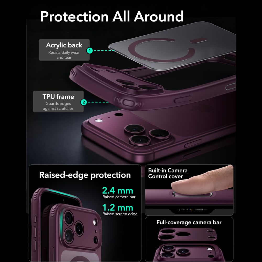 Dėklas ESR Classic Hybrid MagSafe iPhone 17 Pro / 18 Pro, matinis tamsiai bordo -- iPhone 17 Pro, iPhone 18 Pro
