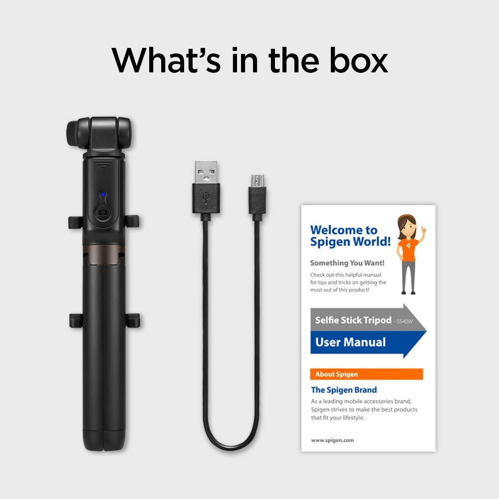 Selfie lazdelė Spigen S540W Bluetooth su trikoju - juoda -- Selfie Sticks & Tripods