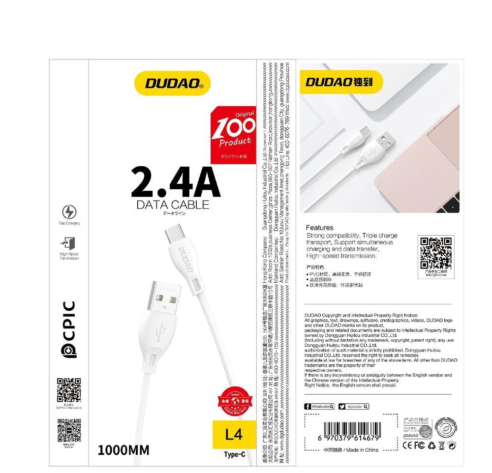 Dudao Laidas USB / Lightning 2.4A 1m baltas (L4L 1m white)
