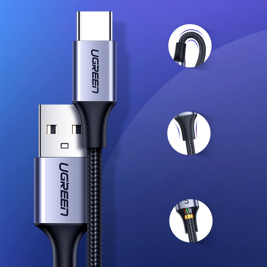 Ugreen US288 60125 USB-A / USB-C QC 3.0 3A kabelis 0,5 m - pilkas -- Cell phone cables