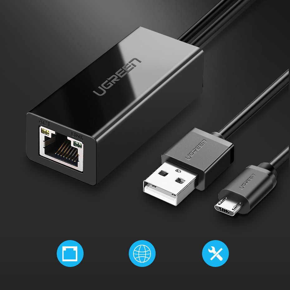 Tinklo plokštė Ugreen 30985, skirta Chromecast su micro USB / USB-A jungtimis 100Mb/s 1 m - juoda -- Network Adapters