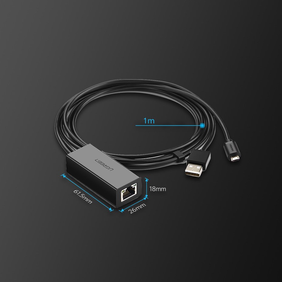 Tinklo plokštė Ugreen 30985, skirta Chromecast su micro USB / USB-A jungtimis 100Mb/s 1 m - juoda -- Network Adapters