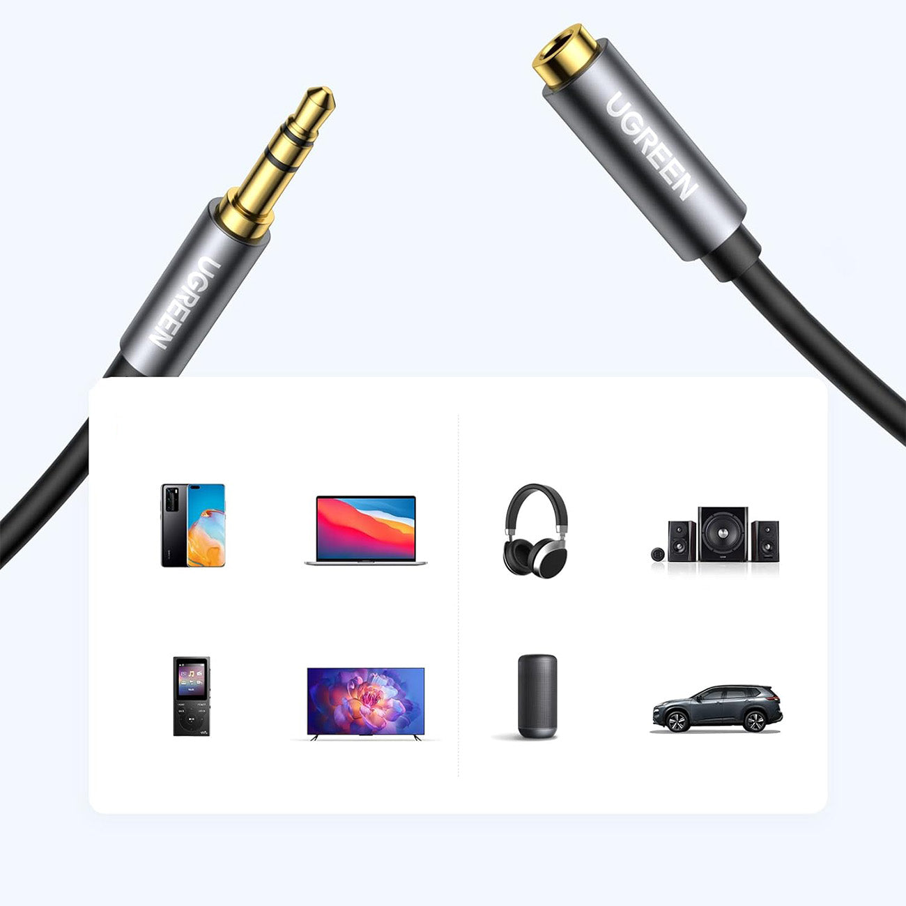 Ugreen AV118 10592 kabelis 3.5 mm mini jack (male) / 3.5 mm mini jack (female) 1m - sidabrinis -- Audio Cables