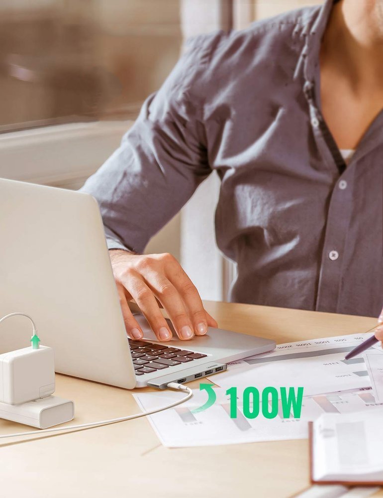 HUB Ugreen 60559 2x USB-C / USB-C PD (Thunderbolt 3, 100W, 4K 60 Hz, 10 Gbps) / HDMI 4K 30 Hz / 3x USB 3.0 skirtas...