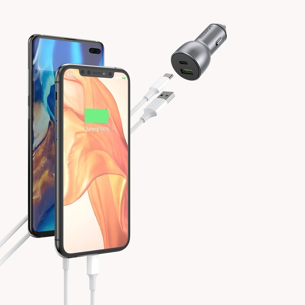 Ugreen automobilinis įkroviklis USB / USB Type C Quick Charge 3.0 Power Delivery 36W 3A Pilkas (CD213 60980) -- Cell...