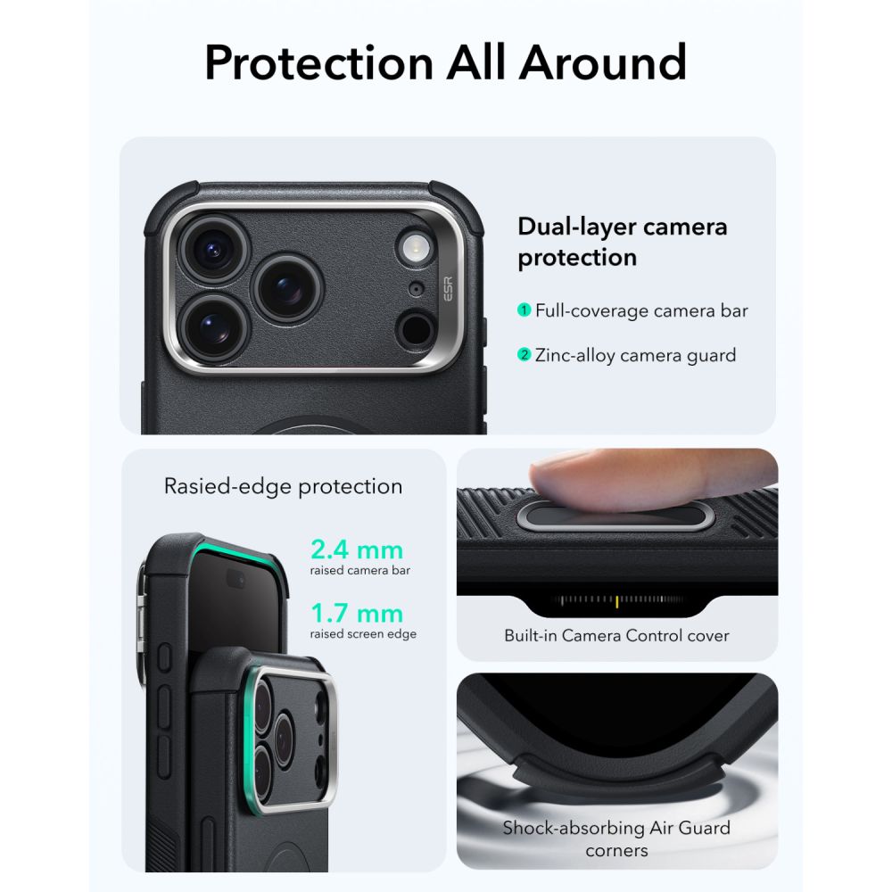 Dėklas ESR Cyber Tough Kickstand MagSafe iPhone 17 Pro Max / 18 Pro Max, juodas -- iPhone 17 Pro Max, iPhone 18 Pro Max