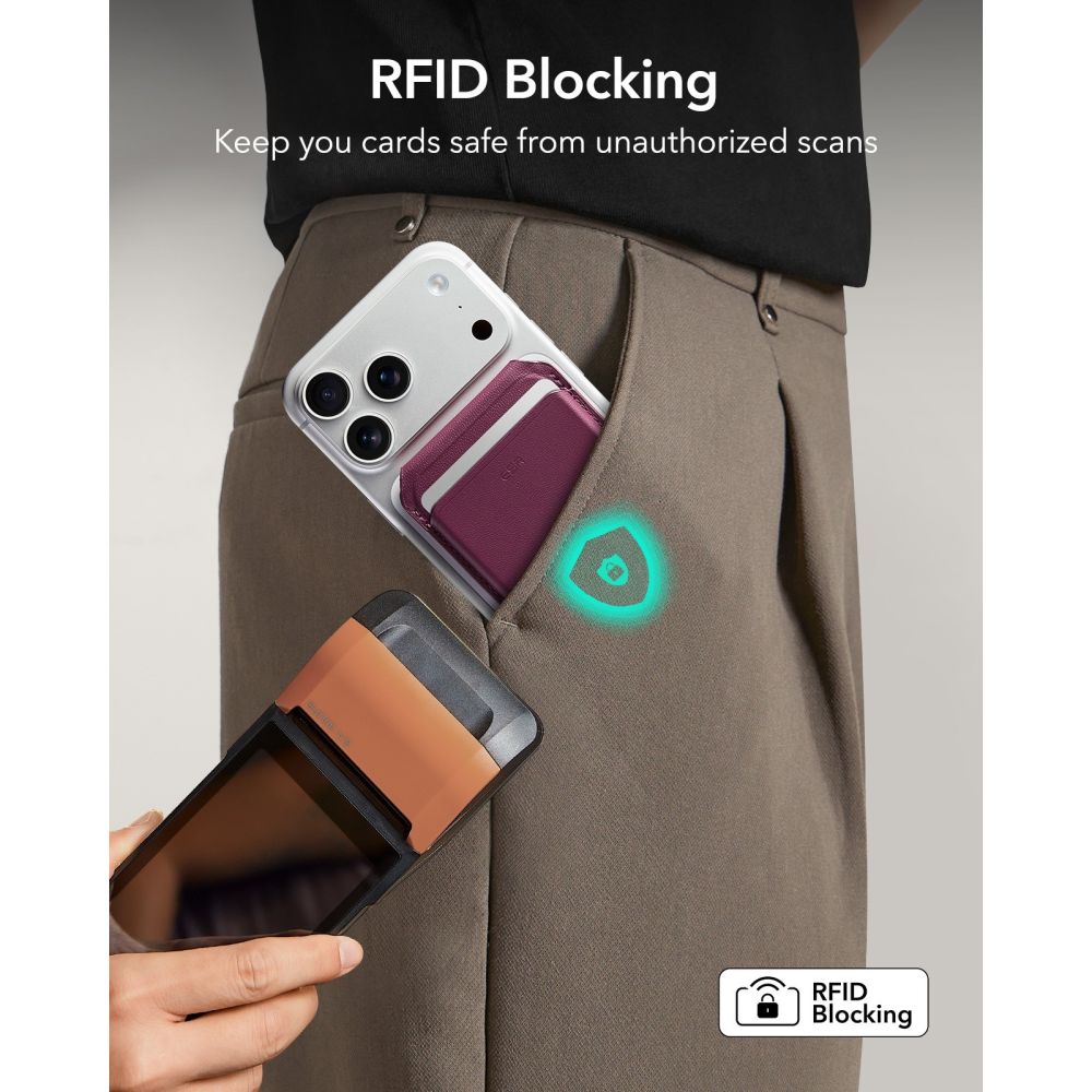 Piniginė ESR Classic RFID Magnetic Wallet Stand su MagSafe, tamsiai bordinė -- iPhone 17e, iPhone 17 Pro Max, iPhone 17...