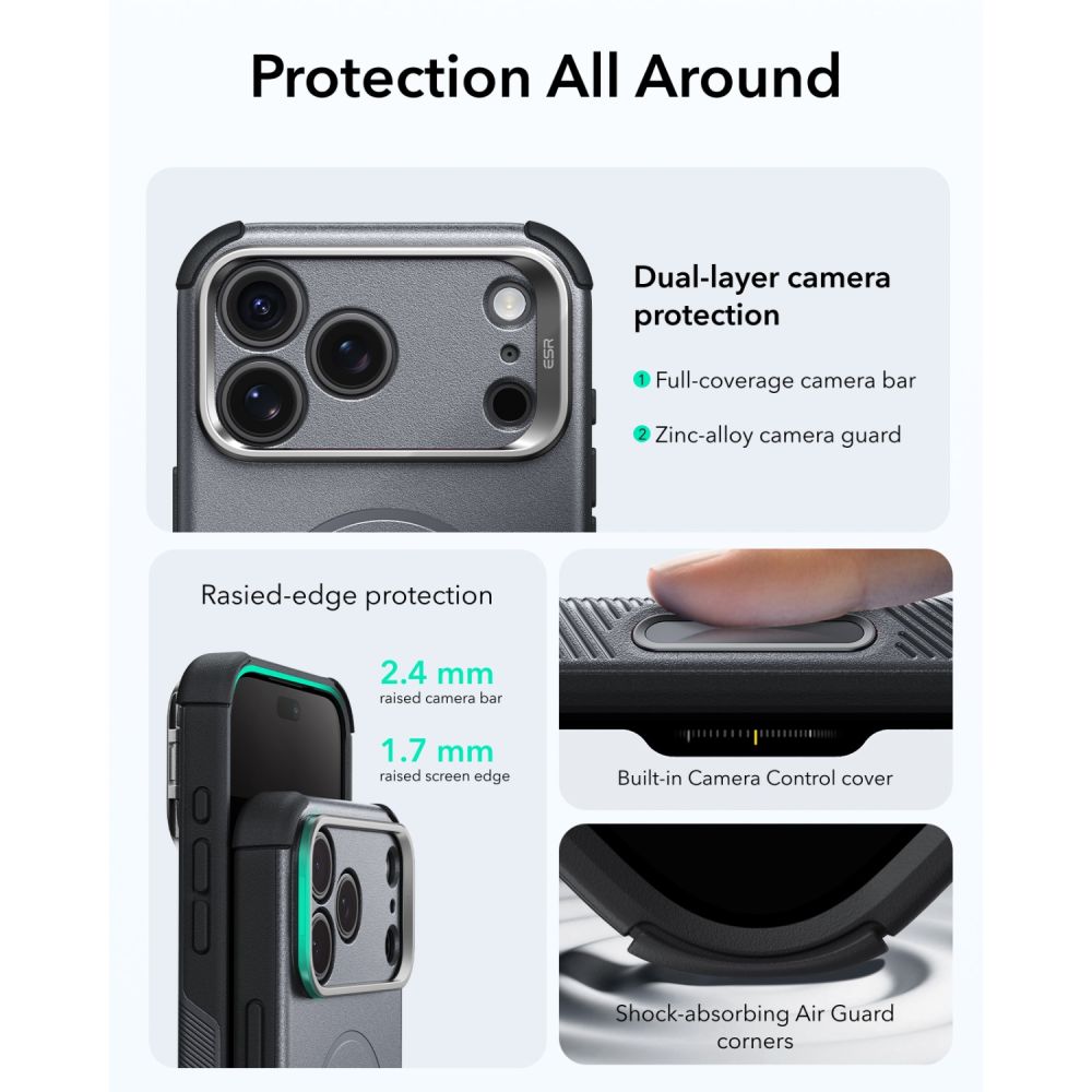 Dėklas ESR Cyber Tough Kickstand MagSafe iPhone 17 Pro / 18 Pro, pilkas -- iPhone 17 Pro, iPhone 18 Pro
