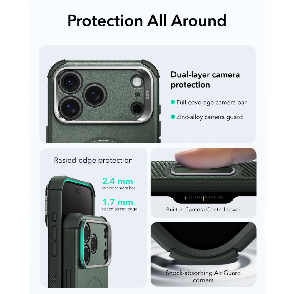 Dėklas ESR Cyber Tough Kickstand MagSafe iPhone 17 Pro Max / 18 Pro Max, žalias -- iPhone 17 Pro Max, iPhone 18 Pro Max
