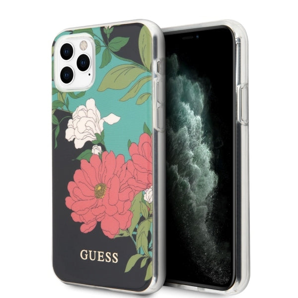 Guess dėklas iPhone 11 Pro Max – juodas, gėlių motyvas -- iPhone 11 Pro Max