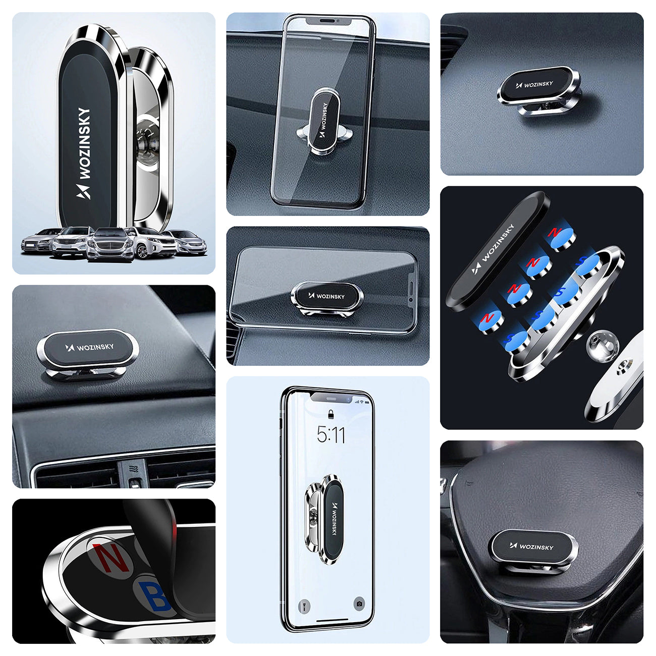 Wozinsky WMH-06 lipnus magnetinis automobilinis laikiklis prietaisų skydeliui 360, sidabrinis Antrasis paveikslėlis