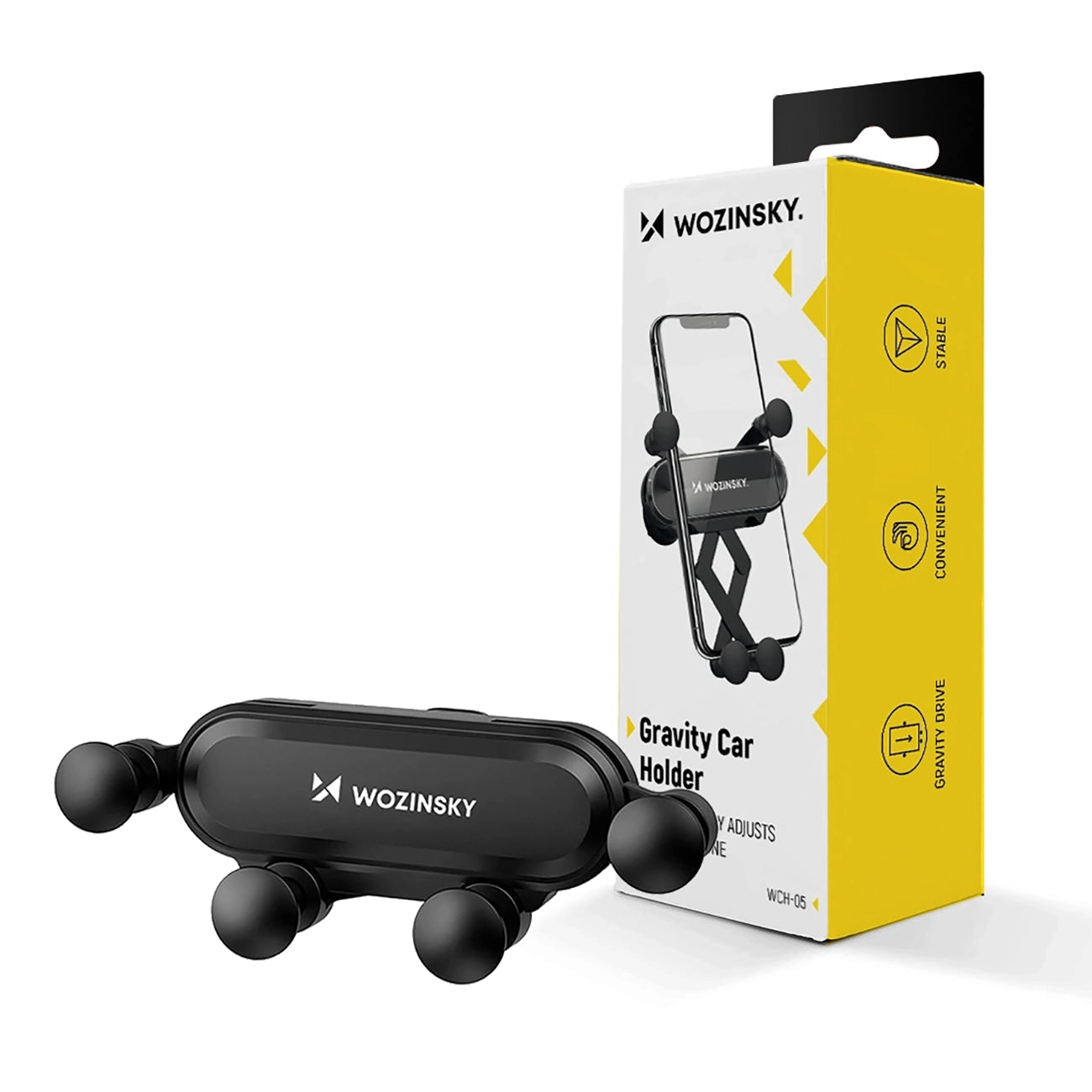 Wozinsky WCH-05 gravitacinis automobilinis telefono laikiklis oro ventiliacijos angai, juodas