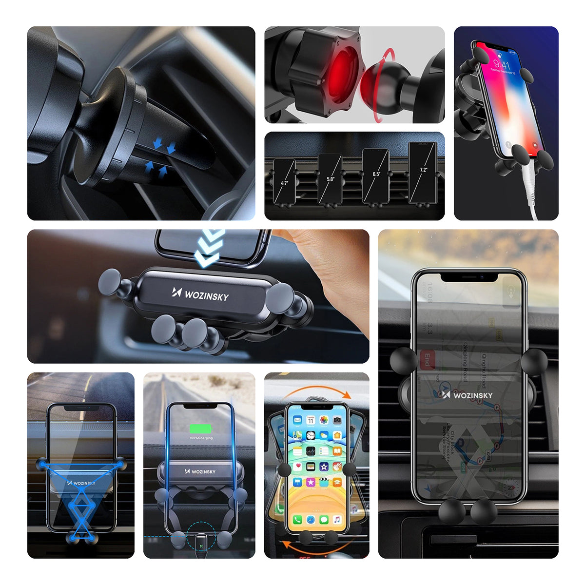Wozinsky WCH-05 gravitacinis automobilinis telefono laikiklis oro ventiliacijos angai, juodas