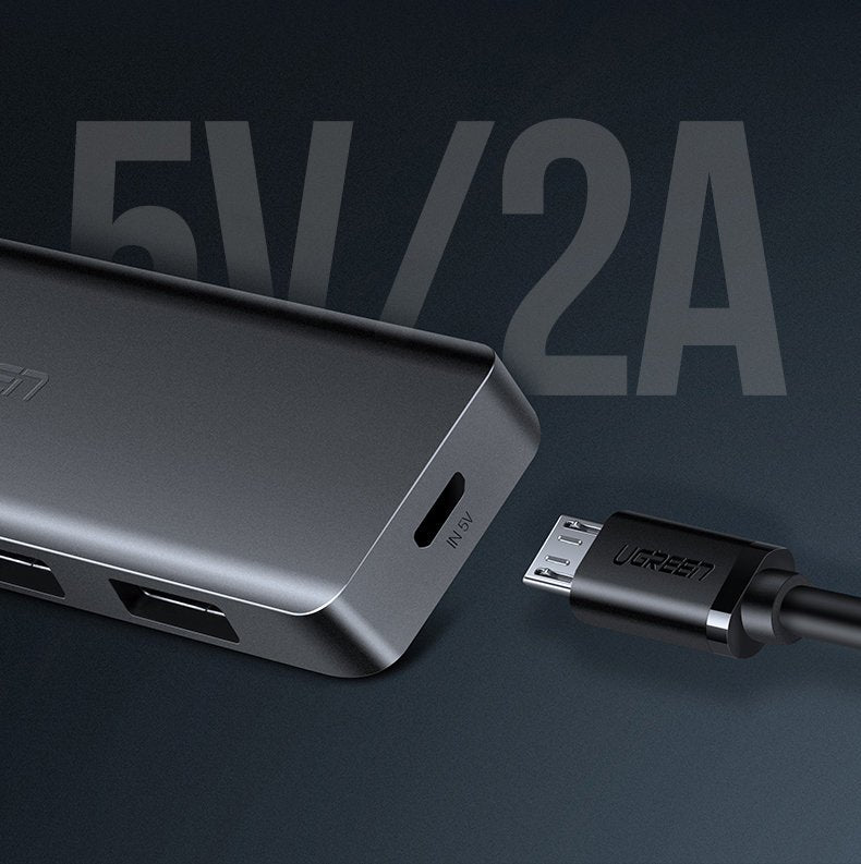 Ugreen USB HUB - 4x USB 3.2 Gen 1 su micro USB maitinimo prievadu pilkas (CM219 50985) -- USB Hubs