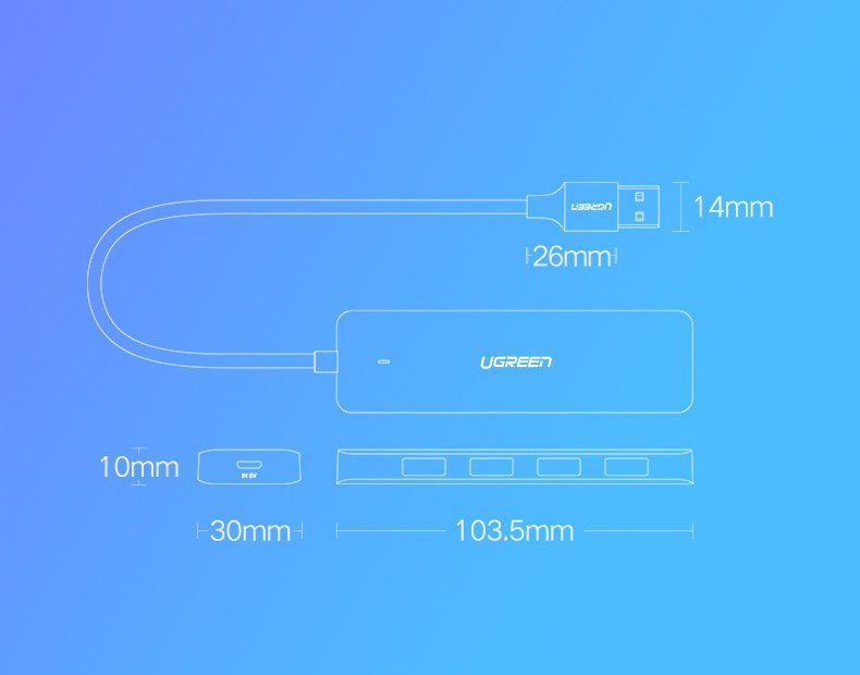 Ugreen USB HUB - 4x USB 3.2 Gen 1 su micro USB maitinimo prievadu pilkas (CM219 50985) -- USB Hubs