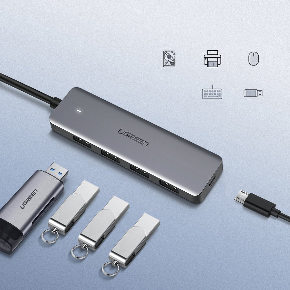 Ugreen USB HUB - 4x USB 3.2 Gen 1 su micro USB maitinimo prievadu pilkas (CM219 50985) -- USB Hubs