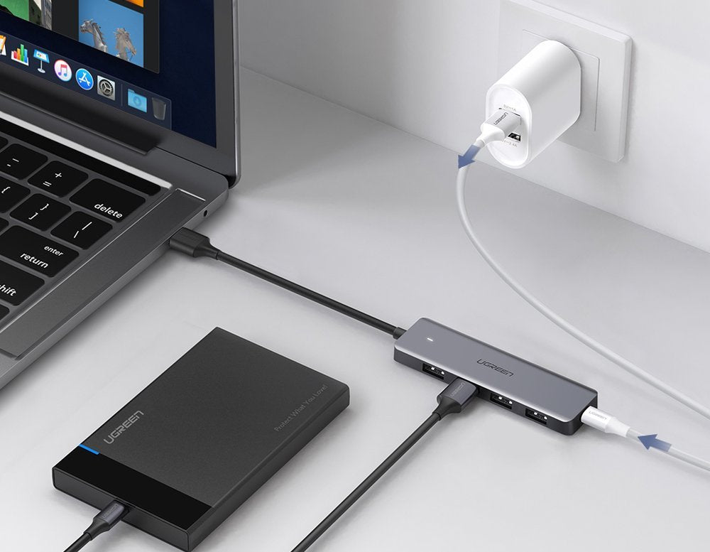 Ugreen USB HUB - 4x USB 3.2 Gen 1 su micro USB maitinimo prievadu pilkas (CM219 50985) -- USB Hubs