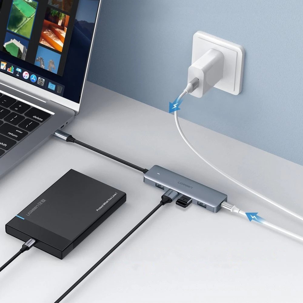 Ugreen USB Type C HUB - 4x USB 3.2 Gen 1 su USB-C maitinimo prievadu pilkas (CM219 70336) -- USB Hubs