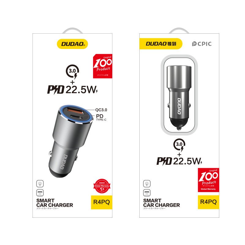 Dudao USB / USB automobilinis įkroviklis Type C Power Delivery Quick Charge 22.5 W pilkas (R4PQ)