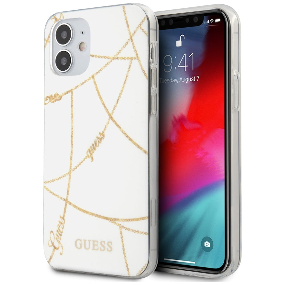 Guess dėklas iPhone 12 mini – baltas, Gold Chain -- iPhone 12 Mini