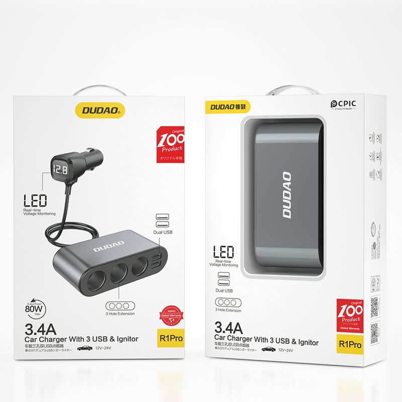 Dudao automobilinis įkroviklis 2x USB / 3x cigarečių degiklio skirstytuvas juodas (R1Pro black)