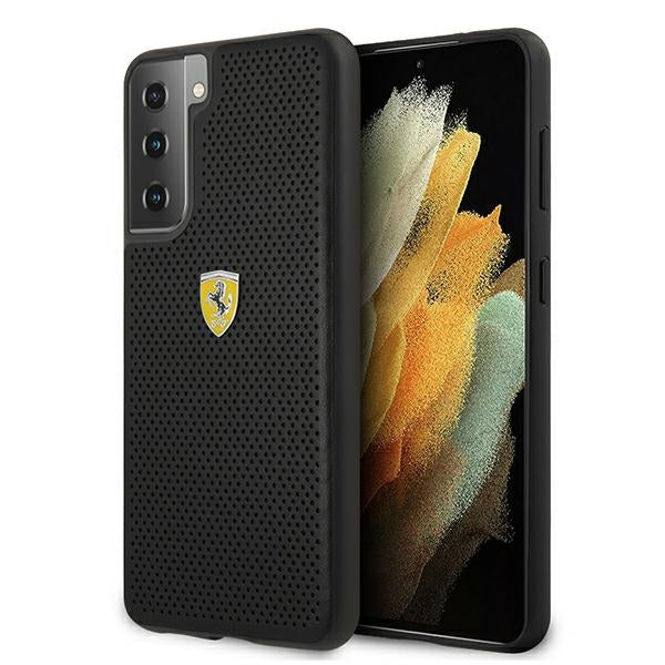 Ferrari dėklas Samsung Galaxy S21 – juodas, perforuota oda -- Samsung Galaxy S21