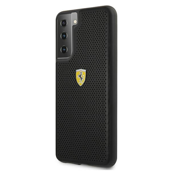 Ferrari dėklas Samsung Galaxy S21 – juodas, perforuota oda -- Samsung Galaxy S21