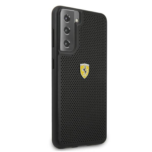 Ferrari dėklas Samsung Galaxy S21 – juodas, perforuota oda -- Samsung Galaxy S21