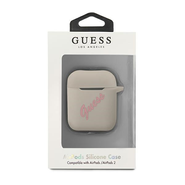 Guess silikoninis dėklas AirPods – pilkai rožinis
