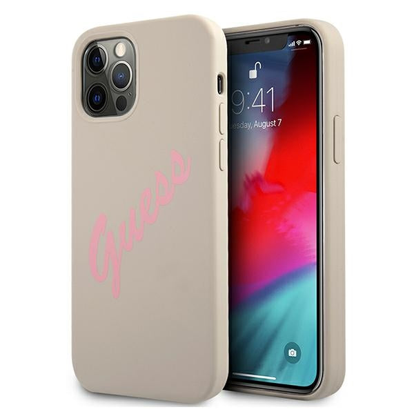 Guess silikoninis dėklas iPhone 12 / 12 Pro – pilkai rožinis -- iPhone 12