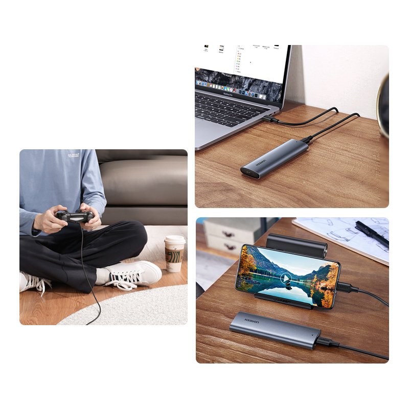 Ugreen M.2 SSD dėklas USB 3.2 Gen 2 diskui (SuperSpeed USB 10 Gbps) + USB Type C kabelis 0.5m pilkas (CM400 10902) --...
