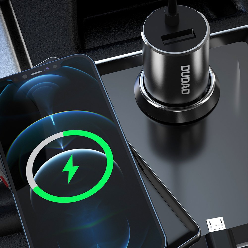 Dudao 3in1 USB automobilinis įkroviklis 3,4 A su integruotu Lightning / USB Type C / micro USB laidu juodas (R5ProN...