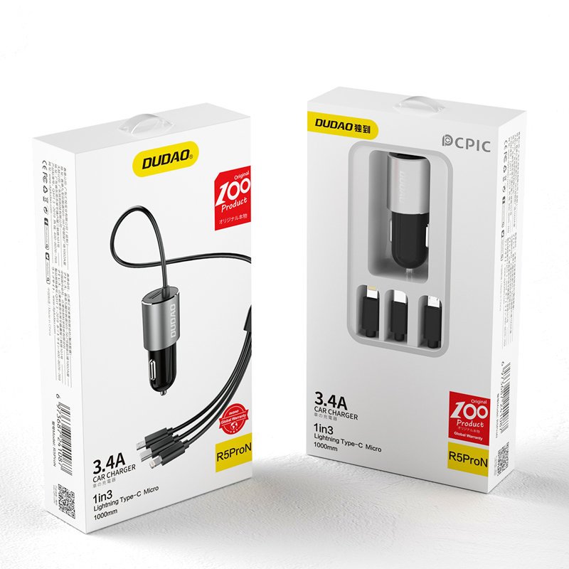 Dudao 3in1 USB automobilinis įkroviklis 3,4 A su integruotu Lightning / USB Type C / micro USB laidu juodas (R5ProN...