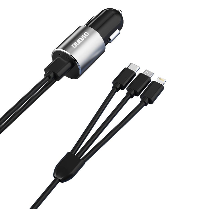 Dudao 3in1 USB automobilinis įkroviklis 3,4 A su integruotu Lightning / USB Type C / micro USB laidu juodas (R5ProN...