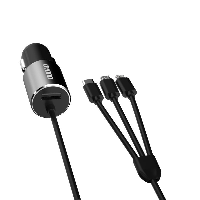 Dudao 3in1 USB automobilinis įkroviklis 3,4 A su integruotu Lightning / USB Type C / micro USB laidu juodas (R5ProN...