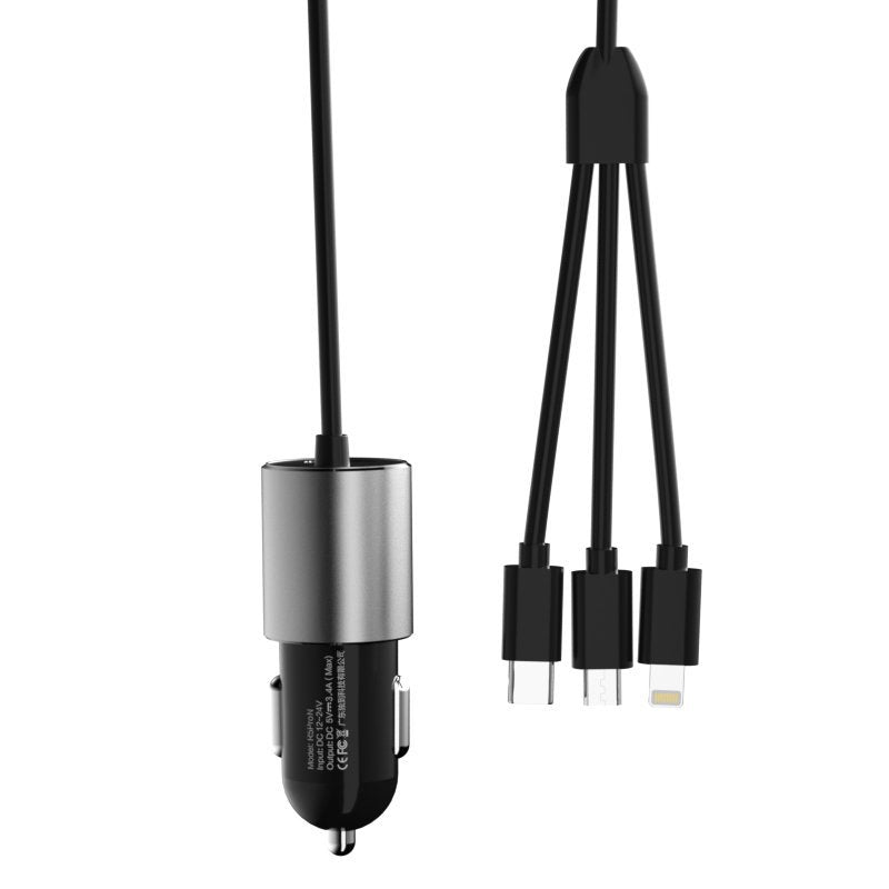 Dudao 3in1 USB automobilinis įkroviklis 3,4 A su integruotu Lightning / USB Type C / micro USB laidu juodas (R5ProN...