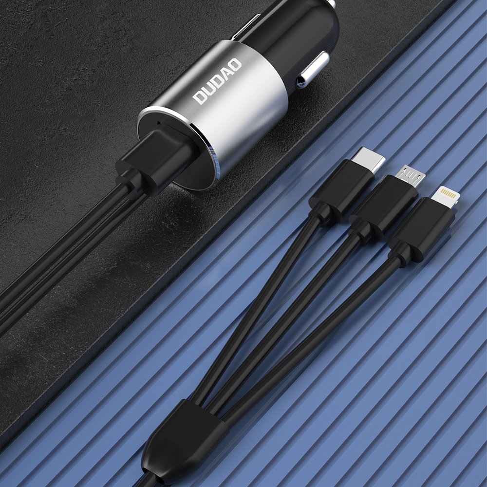 Dudao 3in1 USB automobilinis įkroviklis 3,4 A su integruotu Lightning / USB Type C / micro USB laidu juodas (R5ProN...