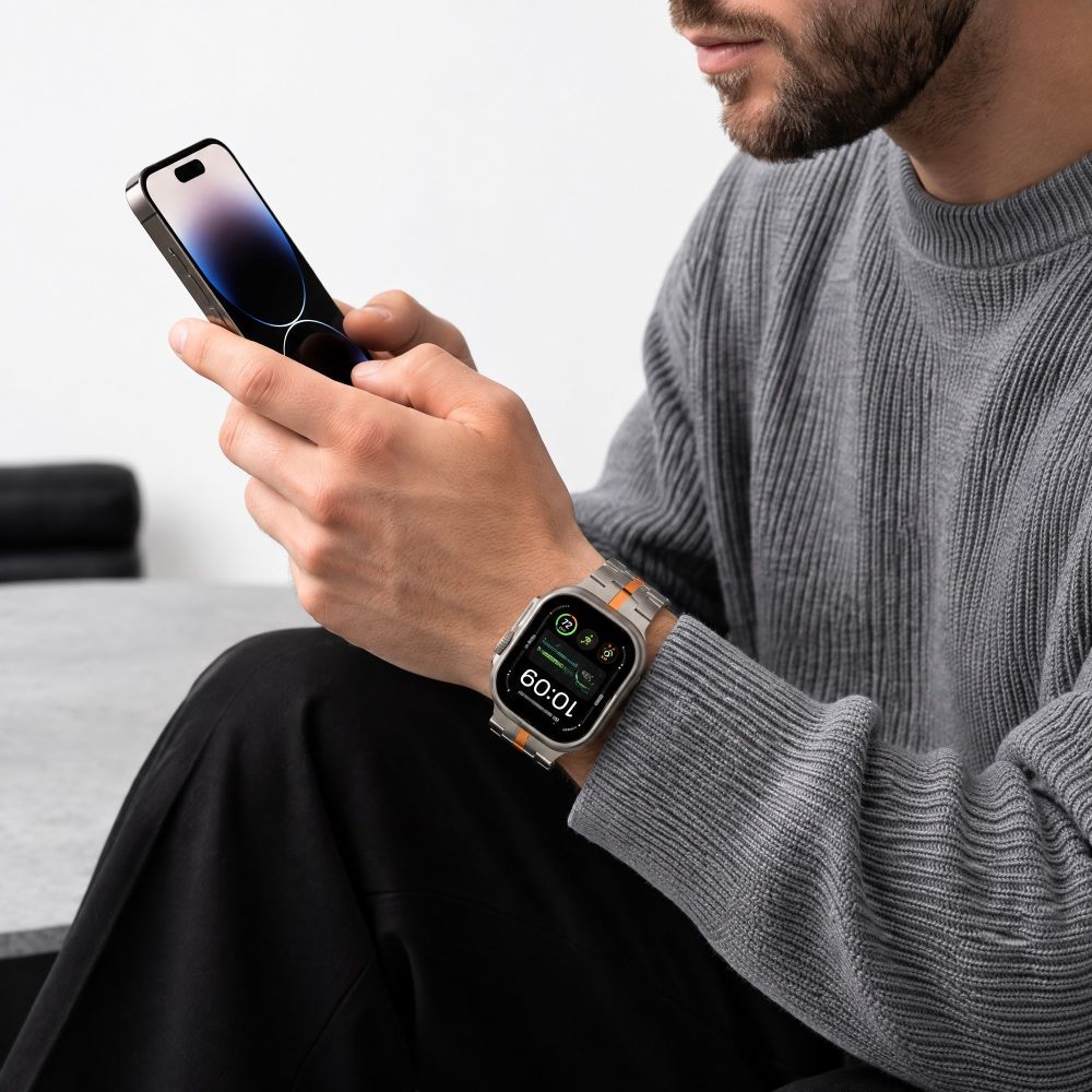 Dirželis Tech-Protect Stainless Apple Watch 8 / 9 / 10 / 11 / 12 / SE / Ultra (44 / 45 / 46 / 49 mm), Titanium / Orange...