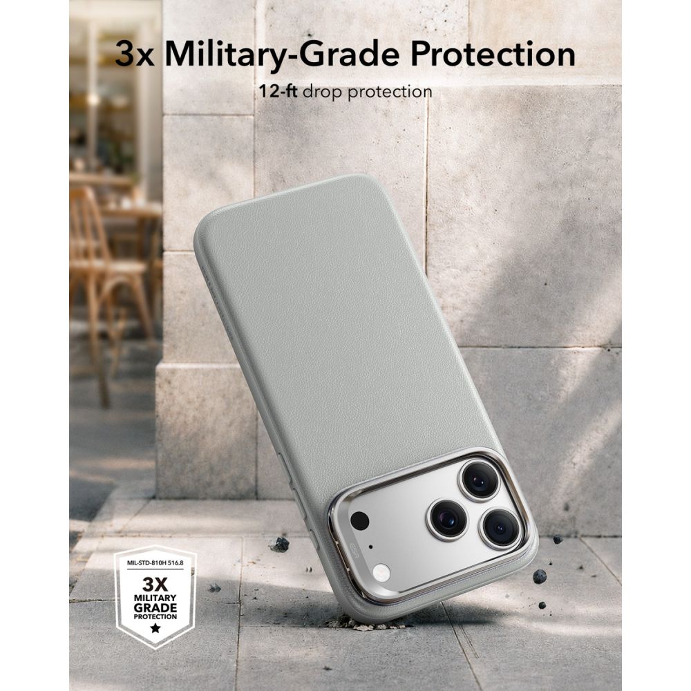 Dėklas ESR Leather Kickstand MagSafe iPhone 17 Pro / 18 Pro, pilkas -- iPhone 17 Pro, iPhone 18 Pro