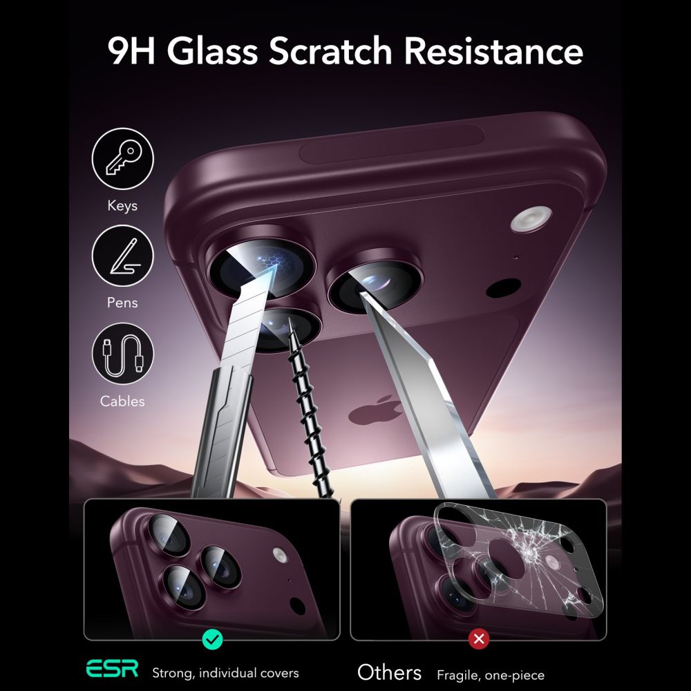Kameros apsauginis stiklas ESR Armorite iPhone 18 Pro / 18 Pro Max, tamsiai bordinis -- iPhone 18 Pro, iPhone 18 Pro Max