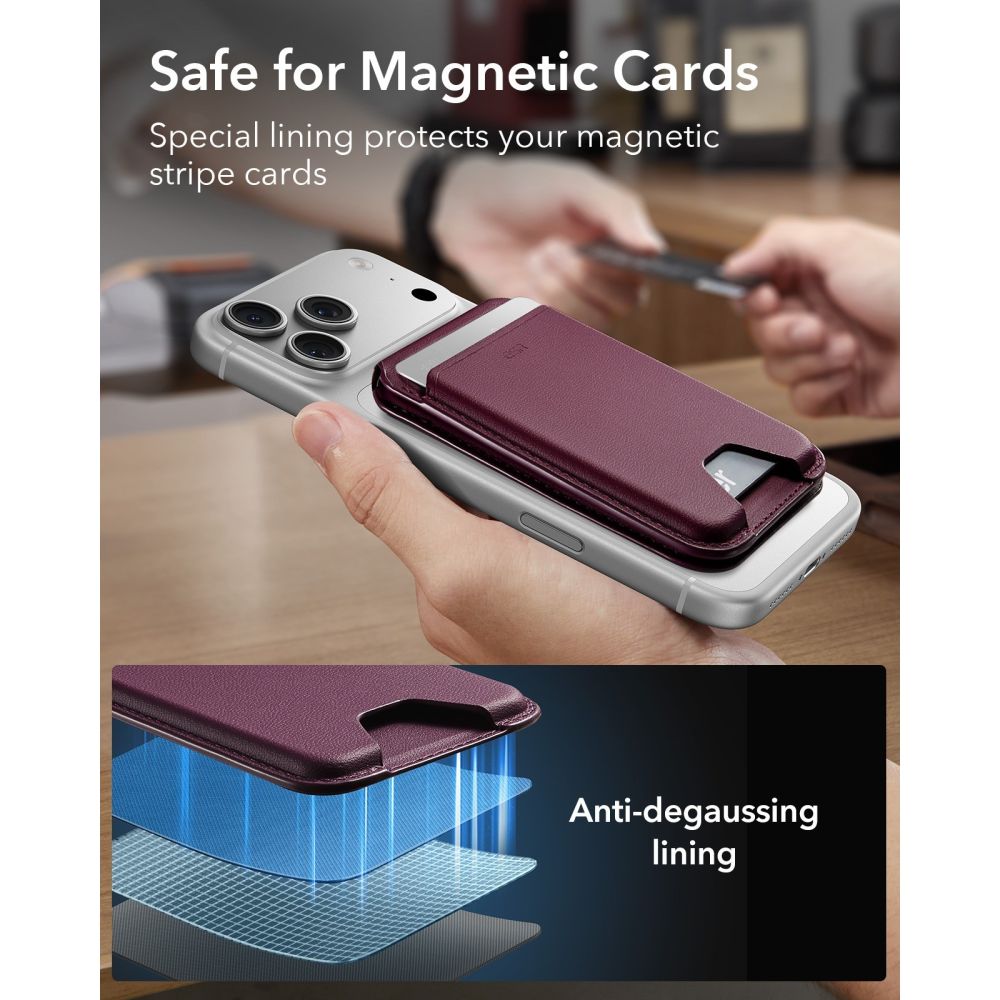 Piniginė ESR Classic RFID Magnetic Wallet Stand su MagSafe, tamsiai bordinė -- iPhone 17e, iPhone 17 Pro Max, iPhone 17...