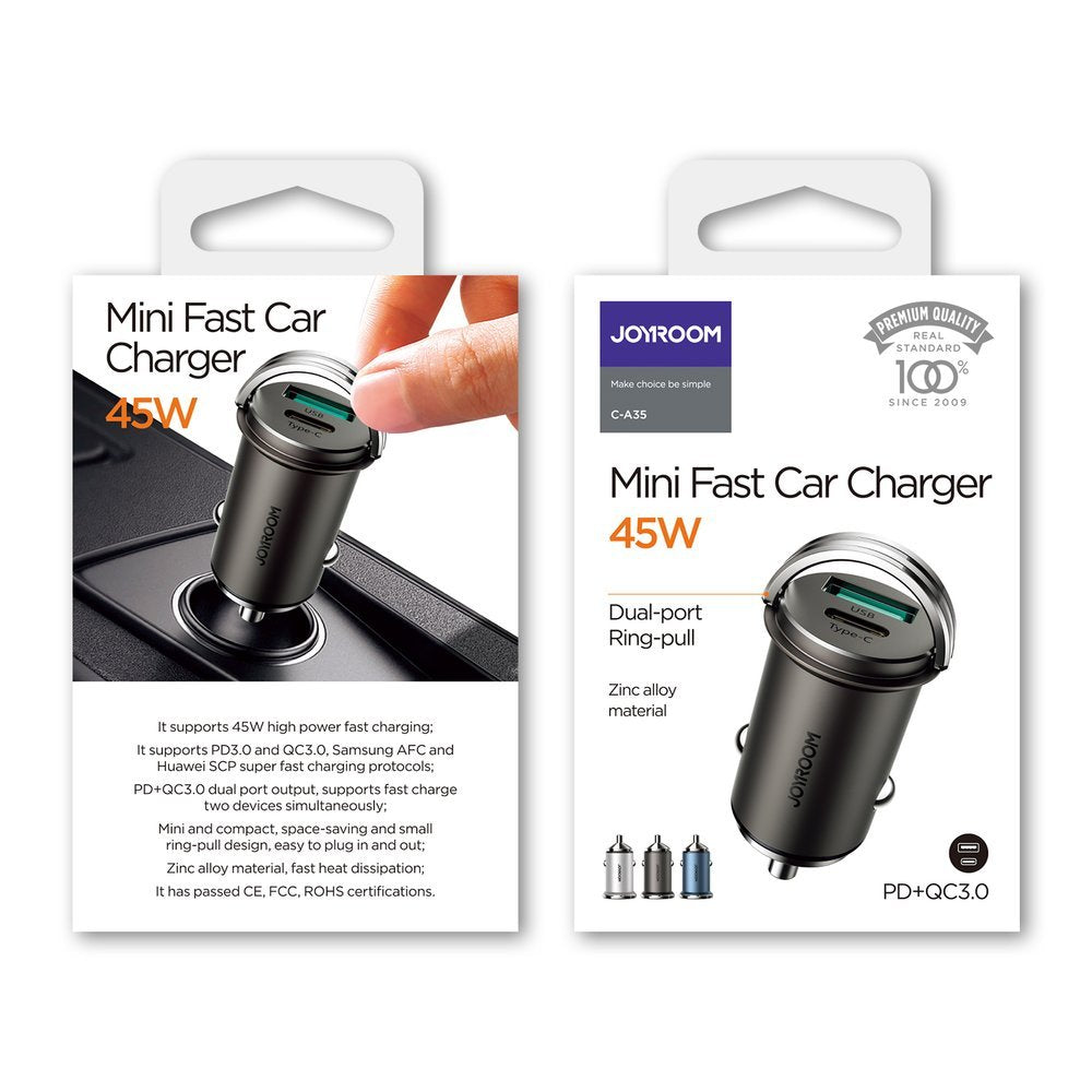 Joyroom greitas automobilinis įkroviklis USB Type C / USB 45W 5A Power Delivery Quick Charge 3.0 AFC SCP pilkas (C-A35)