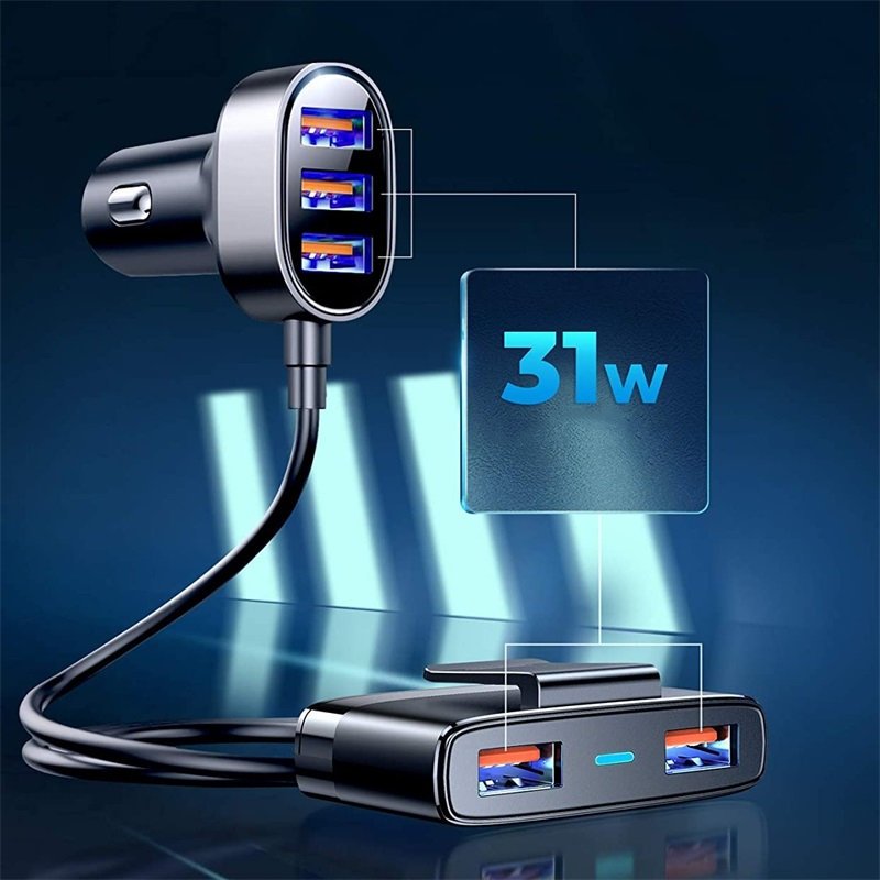 Joyroom greitas automobilinis įkroviklis 5x USB 6.2 A su prailginimo laidu juodas (JR-CL03)