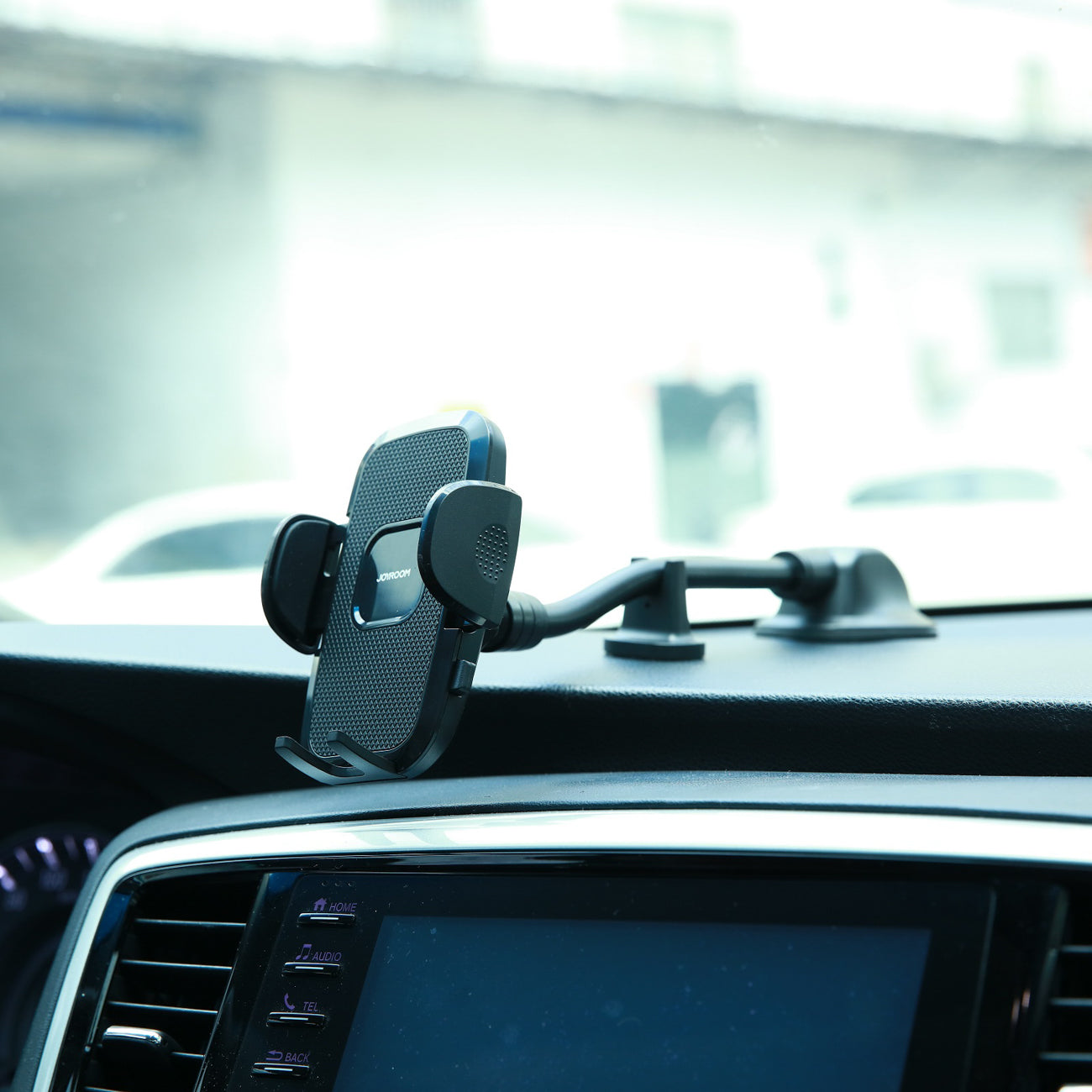 Joyroom automobilinis telefono laikiklis JR-ZS259 su lanksčia ranka prietaisų skydeliui arba priekiniam stiklui, juodas