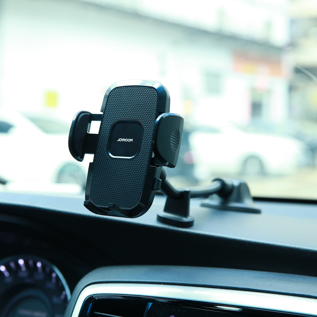 Joyroom automobilinis telefono laikiklis JR-ZS259 su lanksčia ranka prietaisų skydeliui arba priekiniam stiklui, juodas