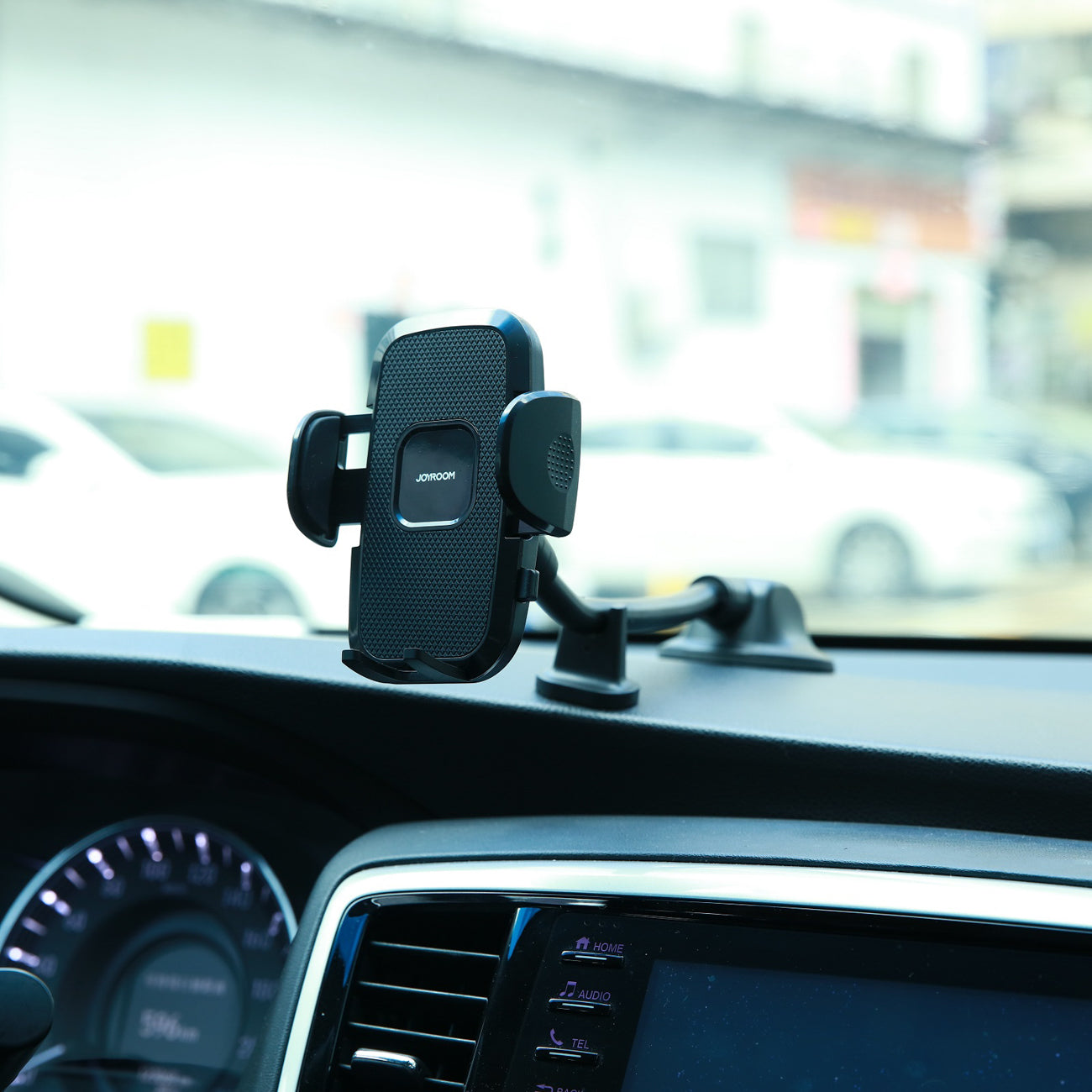 Joyroom automobilinis telefono laikiklis JR-ZS259 su lanksčia ranka prietaisų skydeliui arba priekiniam stiklui, juodas