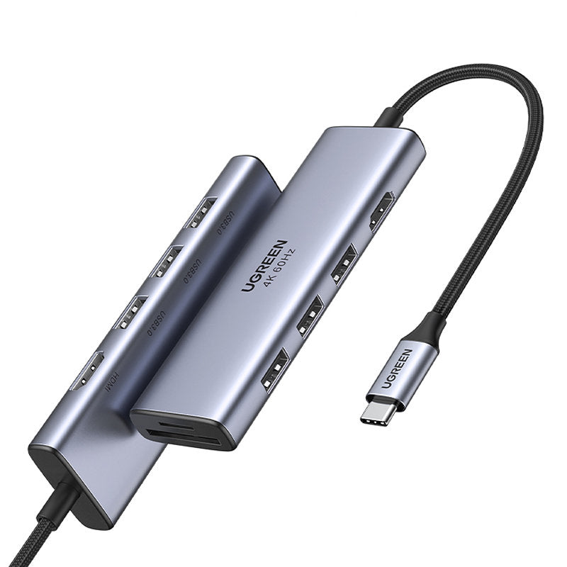 Ugreen daugiafunkcis HUB USB Type C - 3x USB 3.2 Gen 1 / HDMI 4K 60Hz / SD ir TF kortelių skaitytuvas pilkas (60383...