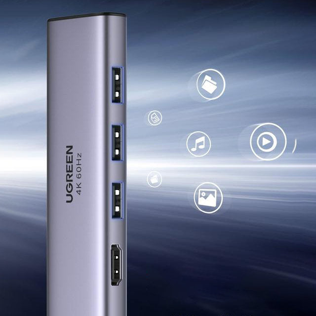 Ugreen daugiafunkcis HUB USB Type C - 3x USB 3.2 Gen 1 / HDMI 4K 60Hz / SD ir TF kortelių skaitytuvas pilkas (60383...